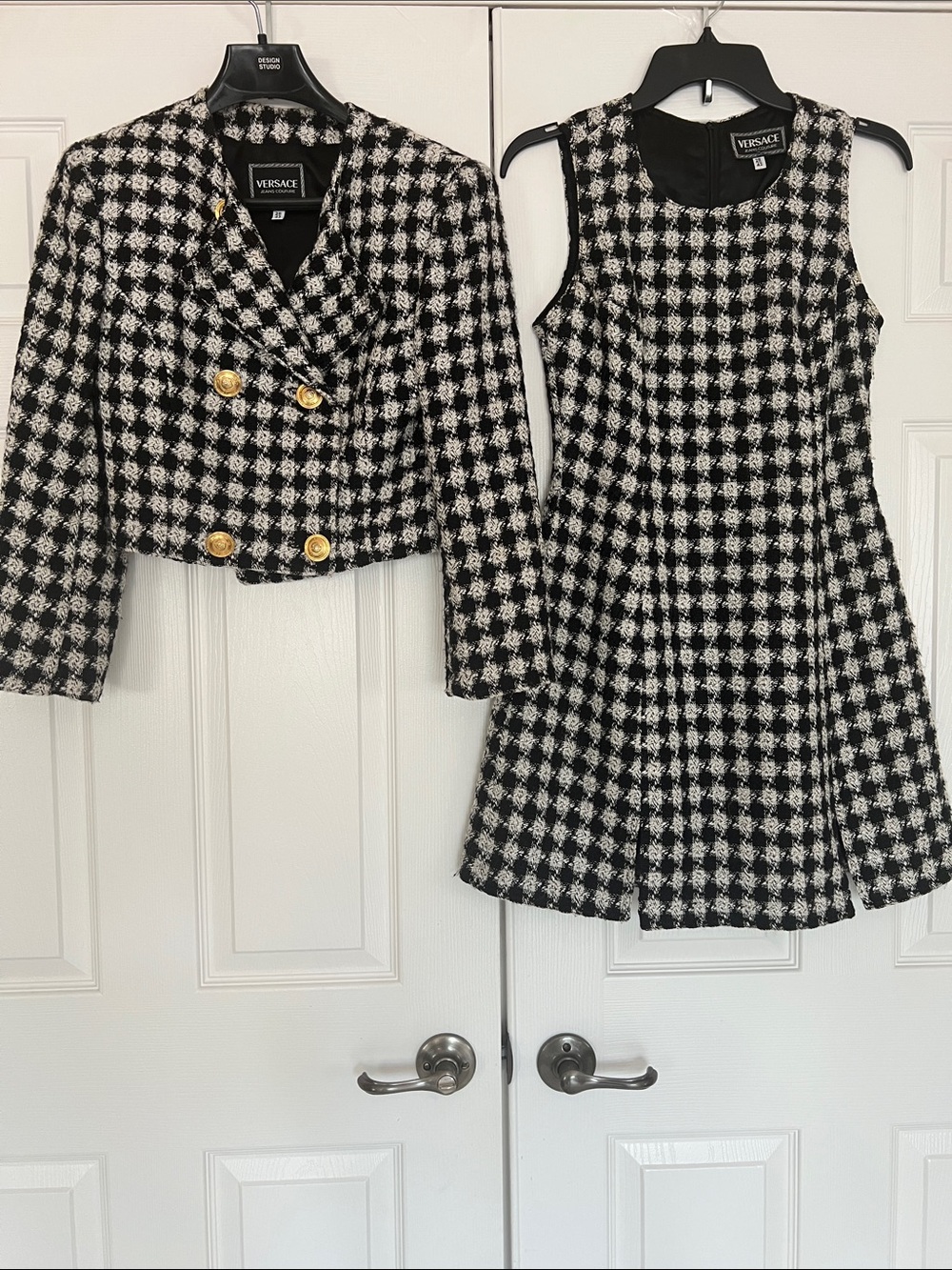 Authentic Versace Black & White Houndstooth Tweed Blazer Dress Set Gold Buttons